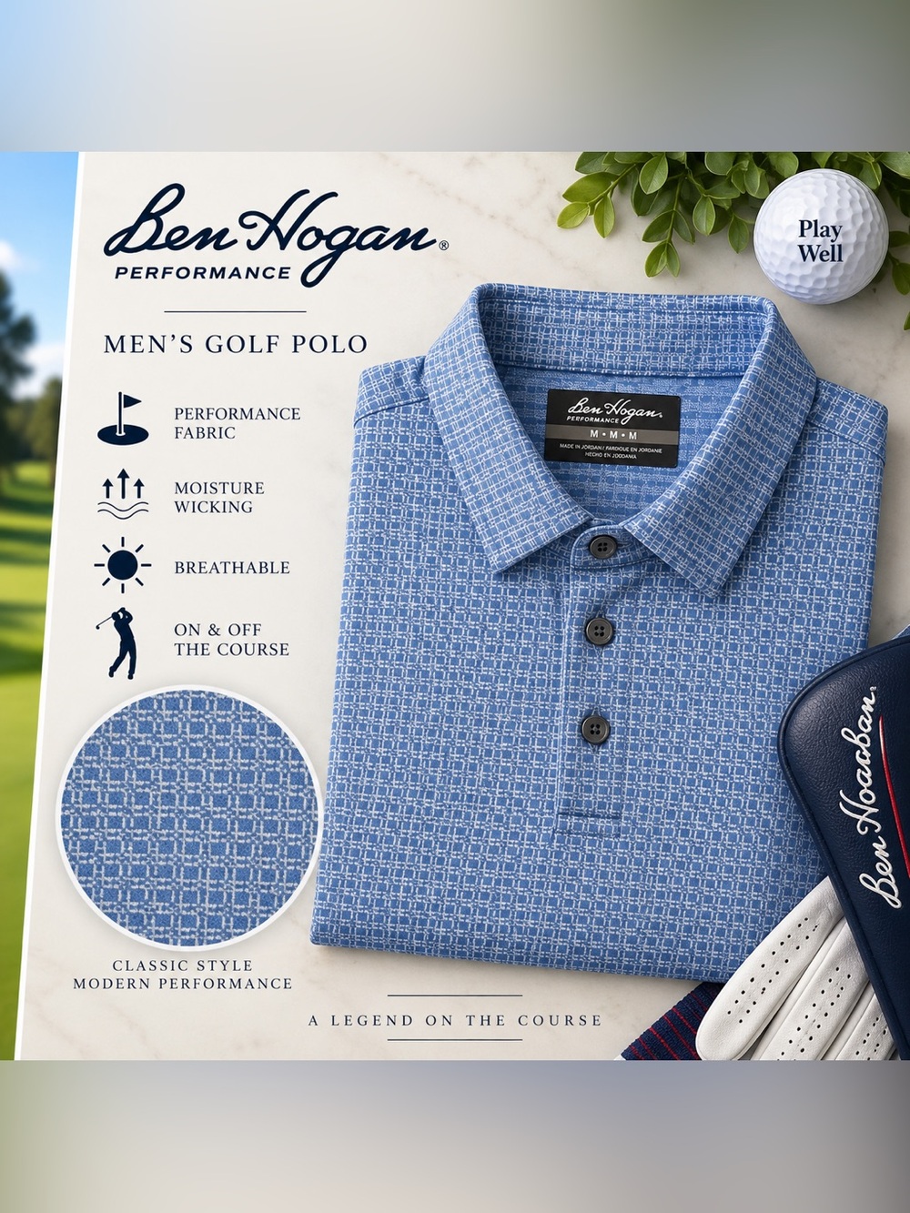 Ben Hogan Performance Men’s Blue Geometric Golf Polo Shirt Sz M